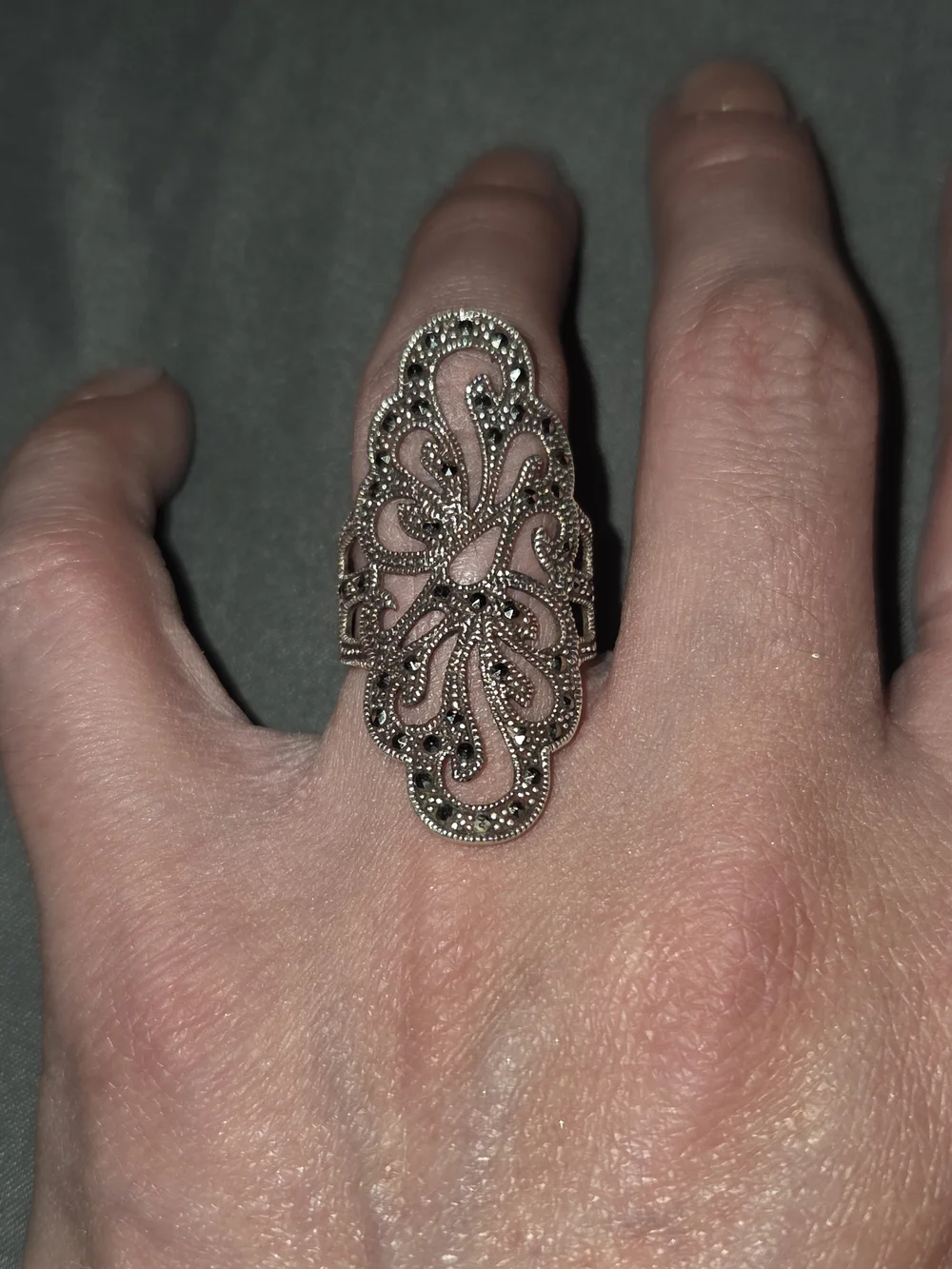 Filigree Marcasite Elongated Statement Ring - Silver Tone